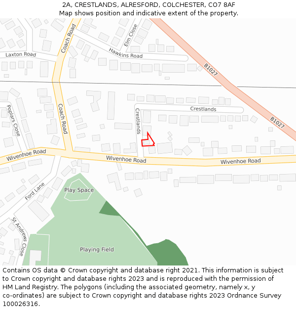 2A, CRESTLANDS, ALRESFORD, COLCHESTER, CO7 8AF: Location map and indicative extent of plot