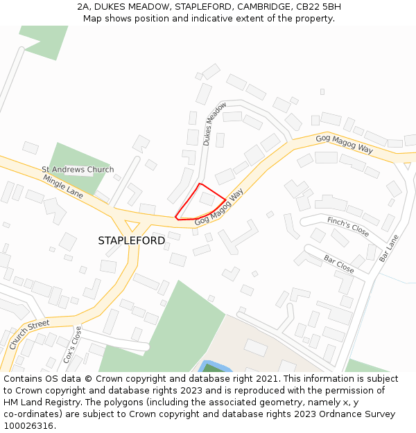 2A, DUKES MEADOW, STAPLEFORD, CAMBRIDGE, CB22 5BH: Location map and indicative extent of plot