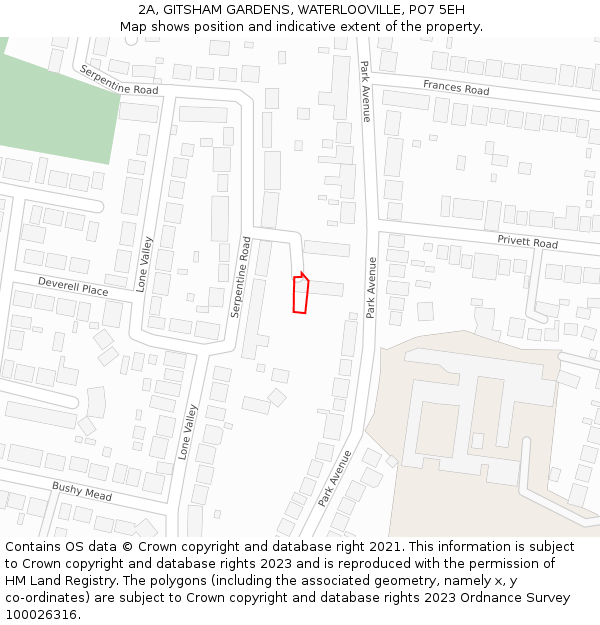 2A, GITSHAM GARDENS, WATERLOOVILLE, PO7 5EH: Location map and indicative extent of plot