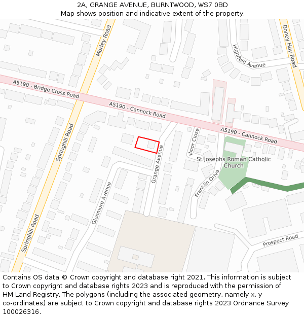2A, GRANGE AVENUE, BURNTWOOD, WS7 0BD: Location map and indicative extent of plot