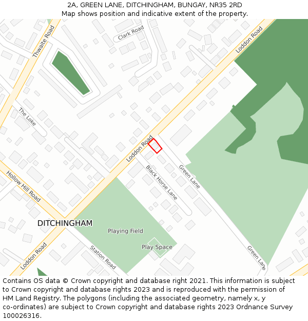 2A, GREEN LANE, DITCHINGHAM, BUNGAY, NR35 2RD: Location map and indicative extent of plot