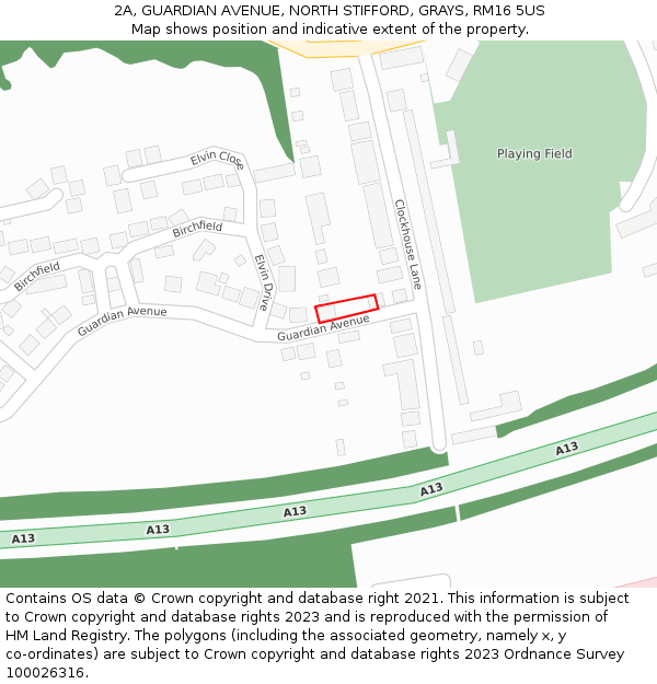 2A, GUARDIAN AVENUE, NORTH STIFFORD, GRAYS, RM16 5US: Location map and indicative extent of plot