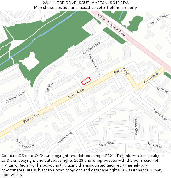 2A, HILLTOP DRIVE, SOUTHAMPTON, SO19 1DA: Location map and indicative extent of plot