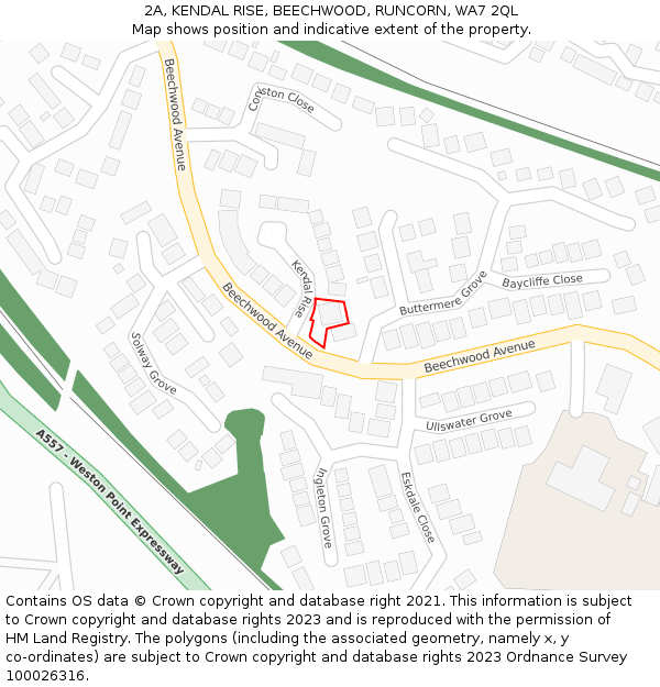 2A, KENDAL RISE, BEECHWOOD, RUNCORN, WA7 2QL: Location map and indicative extent of plot