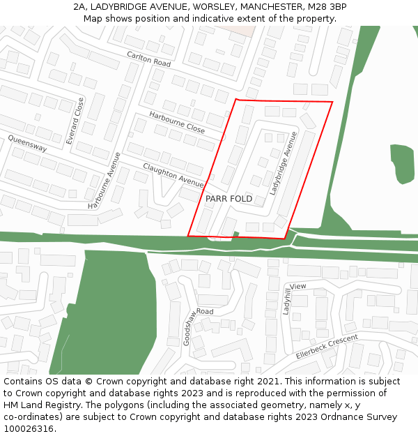 2A, LADYBRIDGE AVENUE, WORSLEY, MANCHESTER, M28 3BP: Location map and indicative extent of plot