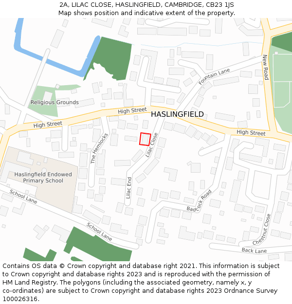 2A, LILAC CLOSE, HASLINGFIELD, CAMBRIDGE, CB23 1JS: Location map and indicative extent of plot