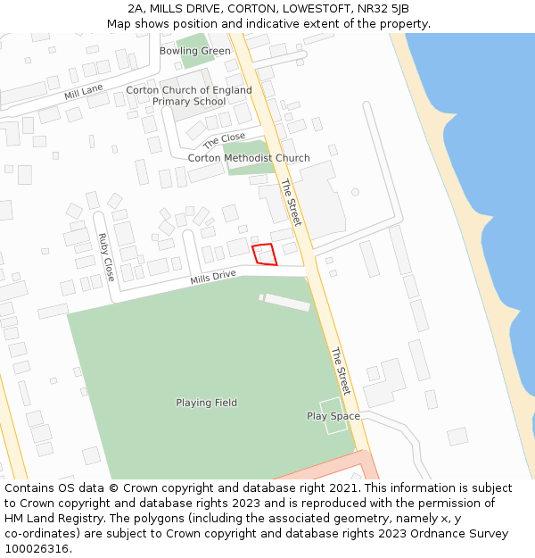 2A, MILLS DRIVE, CORTON, LOWESTOFT, NR32 5JB: Location map and indicative extent of plot
