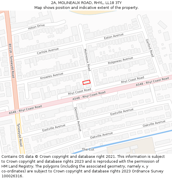 2A, MOLINEAUX ROAD, RHYL, LL18 3TY: Location map and indicative extent of plot