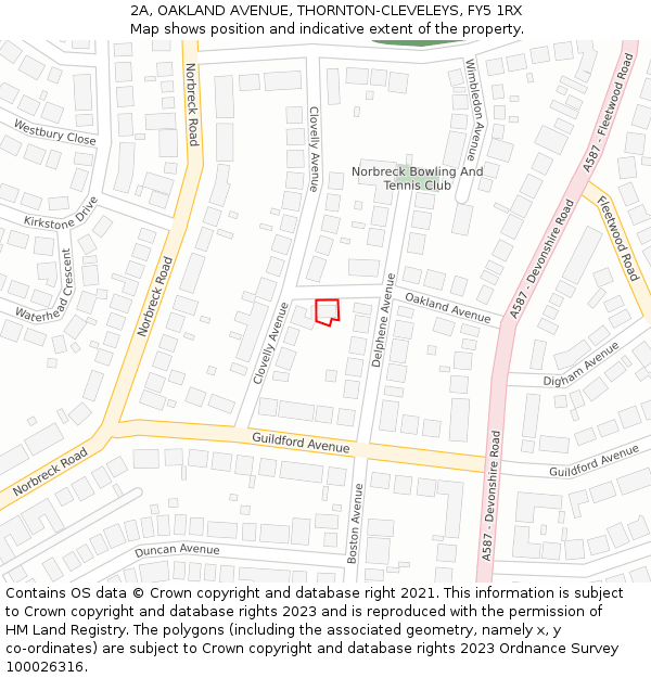 2A, OAKLAND AVENUE, THORNTON-CLEVELEYS, FY5 1RX: Location map and indicative extent of plot