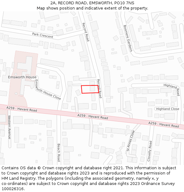 2A, RECORD ROAD, EMSWORTH, PO10 7NS: Location map and indicative extent of plot