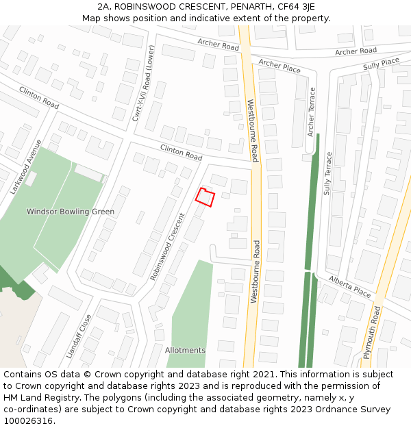 2A, ROBINSWOOD CRESCENT, PENARTH, CF64 3JE: Location map and indicative extent of plot