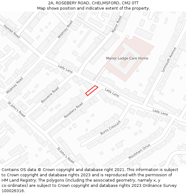 2A, ROSEBERY ROAD, CHELMSFORD, CM2 0TT: Location map and indicative extent of plot