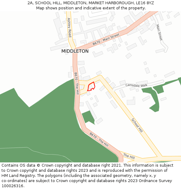 2A, SCHOOL HILL, MIDDLETON, MARKET HARBOROUGH, LE16 8YZ: Location map and indicative extent of plot