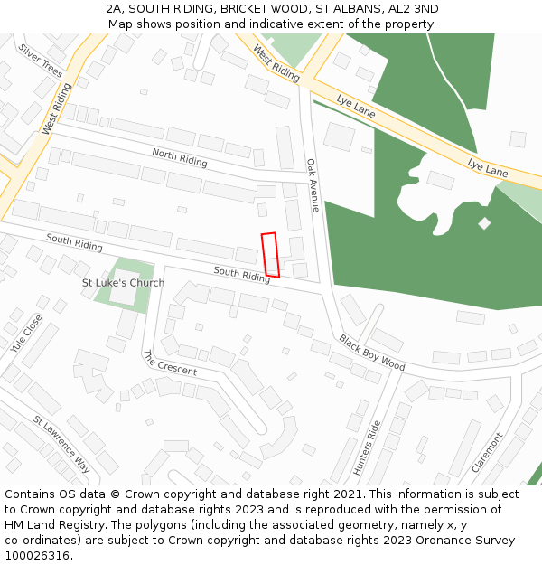 2A, SOUTH RIDING, BRICKET WOOD, ST ALBANS, AL2 3ND: Location map and indicative extent of plot