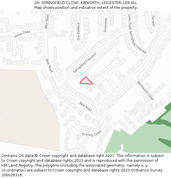 2A, SPRINGFIELD CLOSE, KIBWORTH, LEICESTER, LE8 0LL: Location map and indicative extent of plot