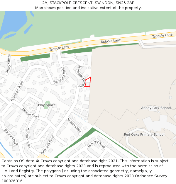 2A, STACKPOLE CRESCENT, SWINDON, SN25 2AP: Location map and indicative extent of plot