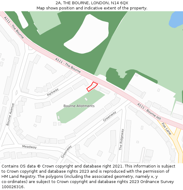 2A, THE BOURNE, LONDON, N14 6QX: Location map and indicative extent of plot