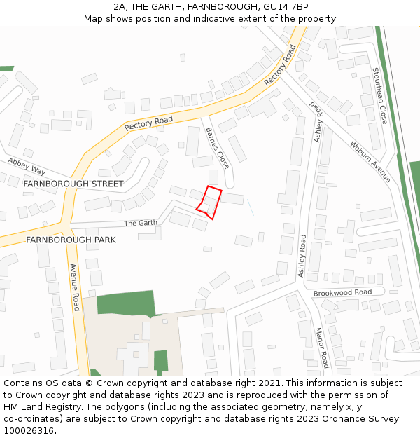 2A, THE GARTH, FARNBOROUGH, GU14 7BP: Location map and indicative extent of plot