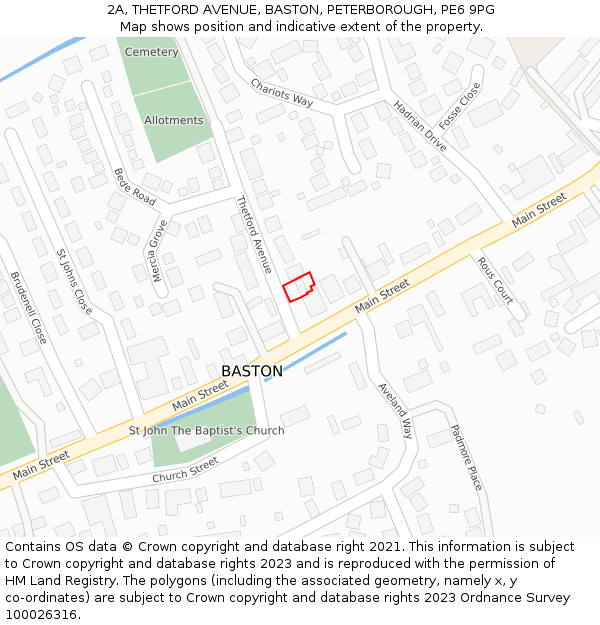 2A, THETFORD AVENUE, BASTON, PETERBOROUGH, PE6 9PG: Location map and indicative extent of plot