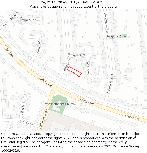 2A, WINDSOR AVENUE, GRAYS, RM16 2UB: Location map and indicative extent of plot