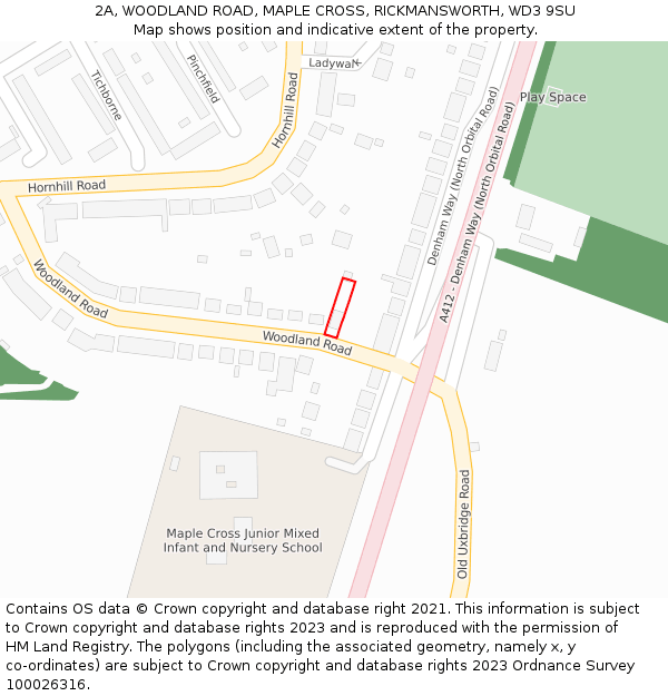 2A, WOODLAND ROAD, MAPLE CROSS, RICKMANSWORTH, WD3 9SU: Location map and indicative extent of plot
