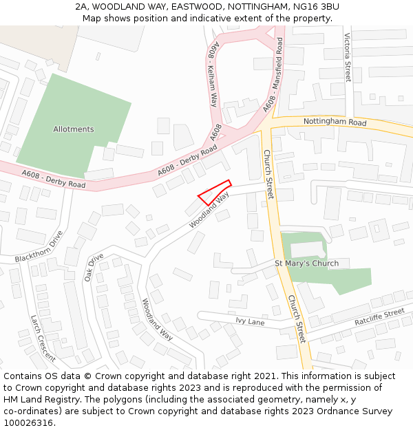 2A, WOODLAND WAY, EASTWOOD, NOTTINGHAM, NG16 3BU: Location map and indicative extent of plot