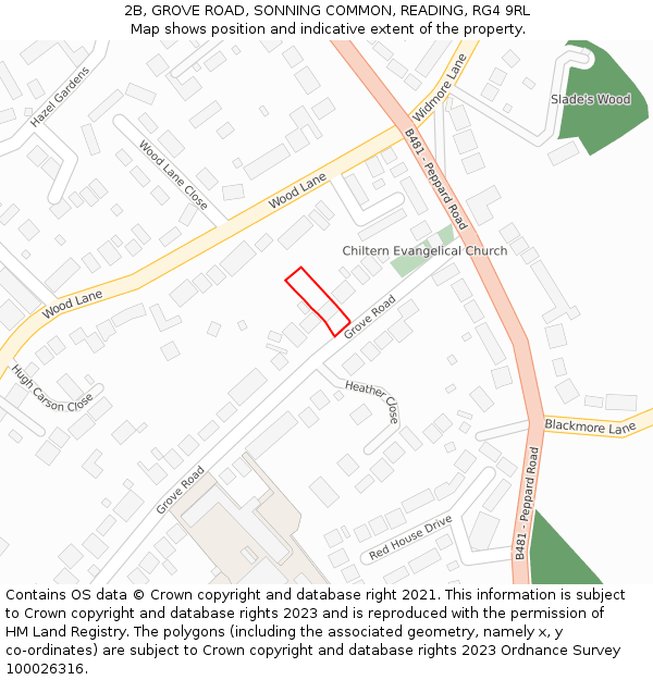 2B, GROVE ROAD, SONNING COMMON, READING, RG4 9RL: Location map and indicative extent of plot