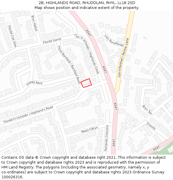 2B, HIGHLANDS ROAD, RHUDDLAN, RHYL, LL18 2SD: Location map and indicative extent of plot