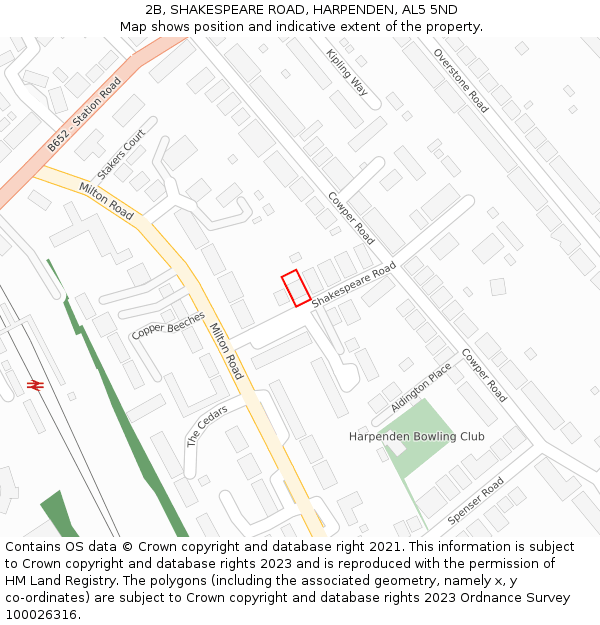 2B, SHAKESPEARE ROAD, HARPENDEN, AL5 5ND: Location map and indicative extent of plot