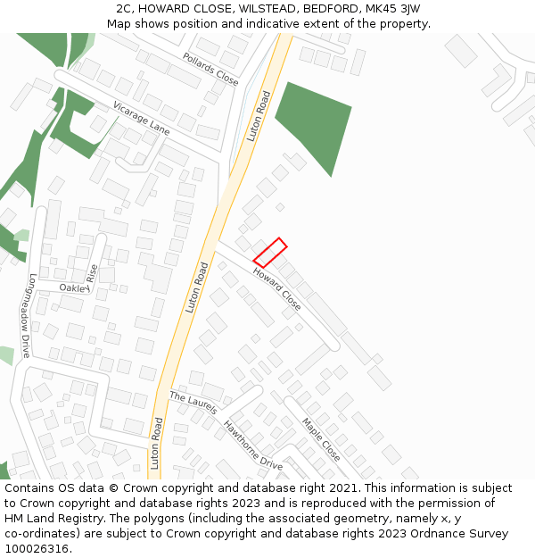 2C, HOWARD CLOSE, WILSTEAD, BEDFORD, MK45 3JW: Location map and indicative extent of plot