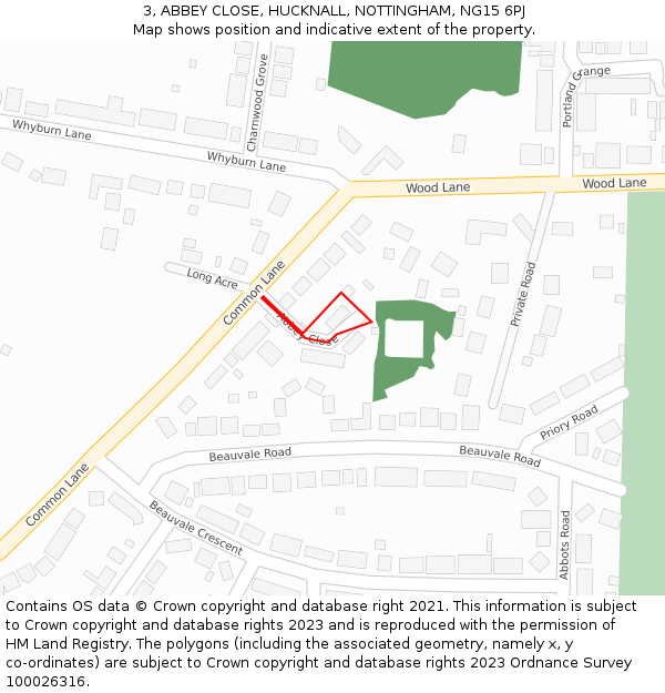 3, ABBEY CLOSE, HUCKNALL, NOTTINGHAM, NG15 6PJ: Location map and indicative extent of plot