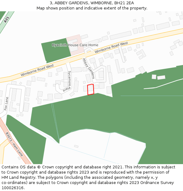 3, ABBEY GARDENS, WIMBORNE, BH21 2EA: Location map and indicative extent of plot