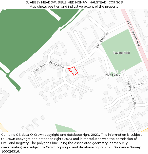 3, ABBEY MEADOW, SIBLE HEDINGHAM, HALSTEAD, CO9 3QS: Location map and indicative extent of plot