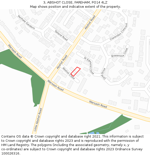 3, ABSHOT CLOSE, FAREHAM, PO14 4LZ: Location map and indicative extent of plot