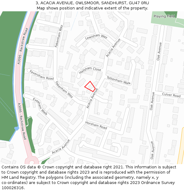 3, ACACIA AVENUE, OWLSMOOR, SANDHURST, GU47 0RU: Location map and indicative extent of plot