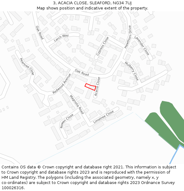 3, ACACIA CLOSE, SLEAFORD, NG34 7UJ: Location map and indicative extent of plot