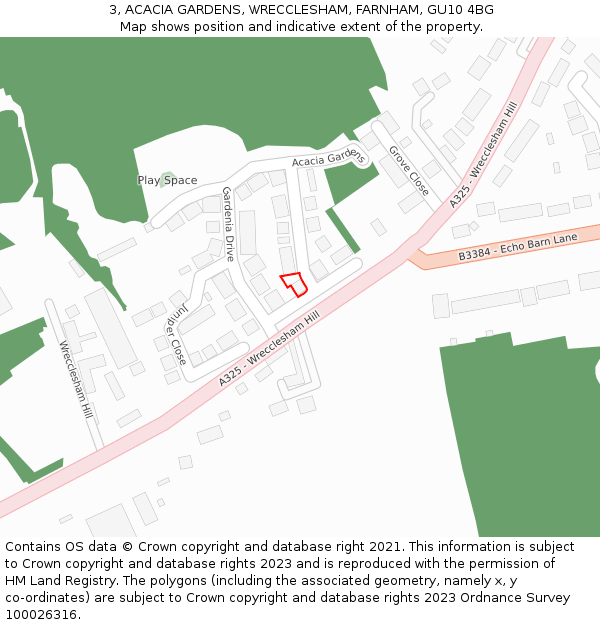 3, ACACIA GARDENS, WRECCLESHAM, FARNHAM, GU10 4BG: Location map and indicative extent of plot