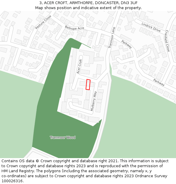 3, ACER CROFT, ARMTHORPE, DONCASTER, DN3 3UF: Location map and indicative extent of plot