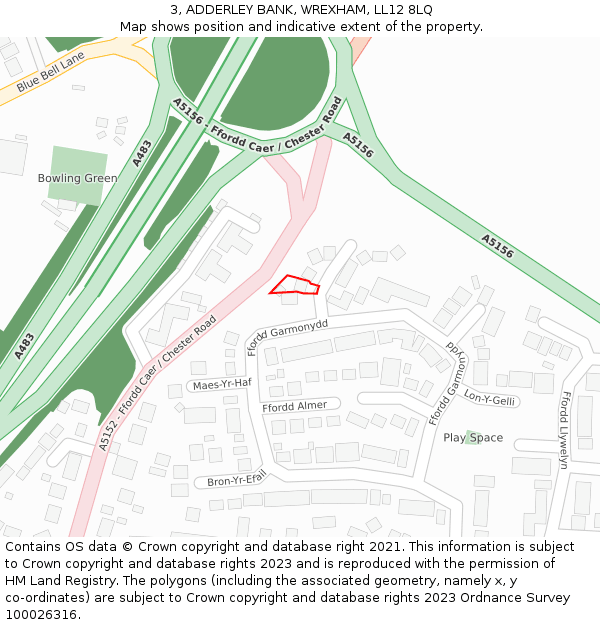 3, ADDERLEY BANK, WREXHAM, LL12 8LQ: Location map and indicative extent of plot