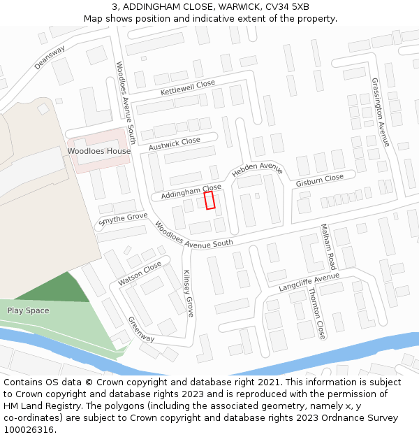 3, ADDINGHAM CLOSE, WARWICK, CV34 5XB: Location map and indicative extent of plot