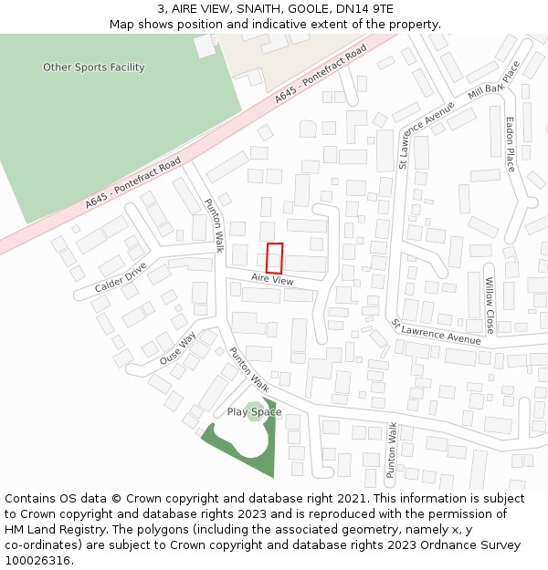 3, AIRE VIEW, SNAITH, GOOLE, DN14 9TE: Location map and indicative extent of plot