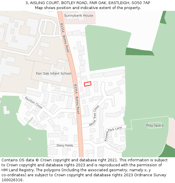 3, AISLING COURT, BOTLEY ROAD, FAIR OAK, EASTLEIGH, SO50 7AP: Location map and indicative extent of plot