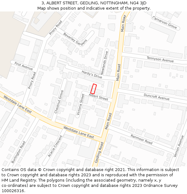 3, ALBERT STREET, GEDLING, NOTTINGHAM, NG4 3JD: Location map and indicative extent of plot