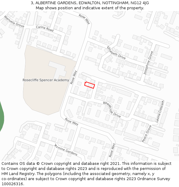 3, ALBERTINE GARDENS, EDWALTON, NOTTINGHAM, NG12 4JG: Location map and indicative extent of plot