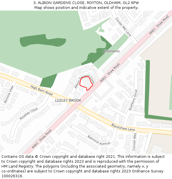 3, ALBION GARDENS CLOSE, ROYTON, OLDHAM, OL2 6PW: Location map and indicative extent of plot