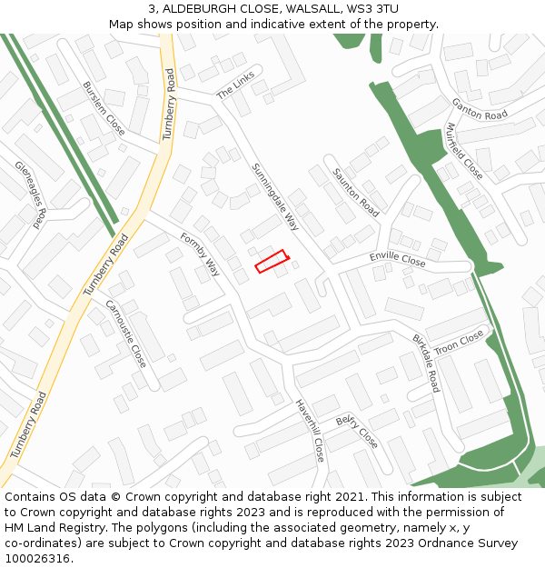 3, ALDEBURGH CLOSE, WALSALL, WS3 3TU: Location map and indicative extent of plot