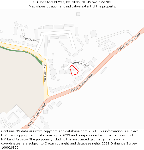 3, ALDERTON CLOSE, FELSTED, DUNMOW, CM6 3EL: Location map and indicative extent of plot