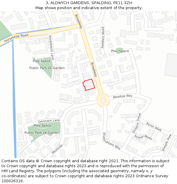 3, ALDWYCH GARDENS, SPALDING, PE11 3ZH: Location map and indicative extent of plot