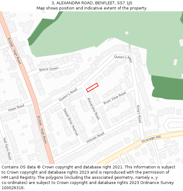 3, ALEXANDRA ROAD, BENFLEET, SS7 1JS: Location map and indicative extent of plot