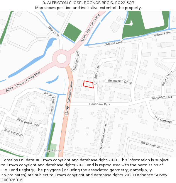 3, ALFRISTON CLOSE, BOGNOR REGIS, PO22 6QB: Location map and indicative extent of plot